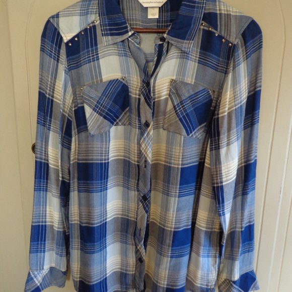 Christopher & Banks Hi-Lo Button-Down Plaid Shirt S Blue/White - Picture 1 of 16